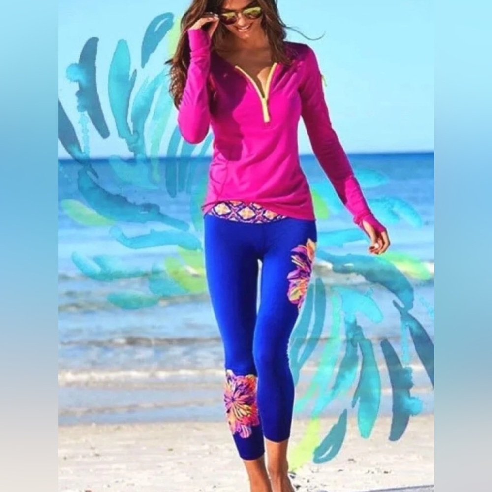 Lilly Pulitzer Luxletic Summer Sunset Crop Leggings XL Blue Floral Athletic
